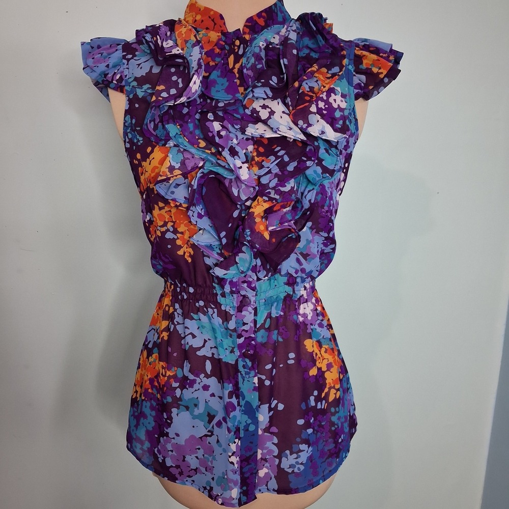 Ali & Kris Purple Floral Ruffle Front Sleeveless Blouse Mock Neck Small‎